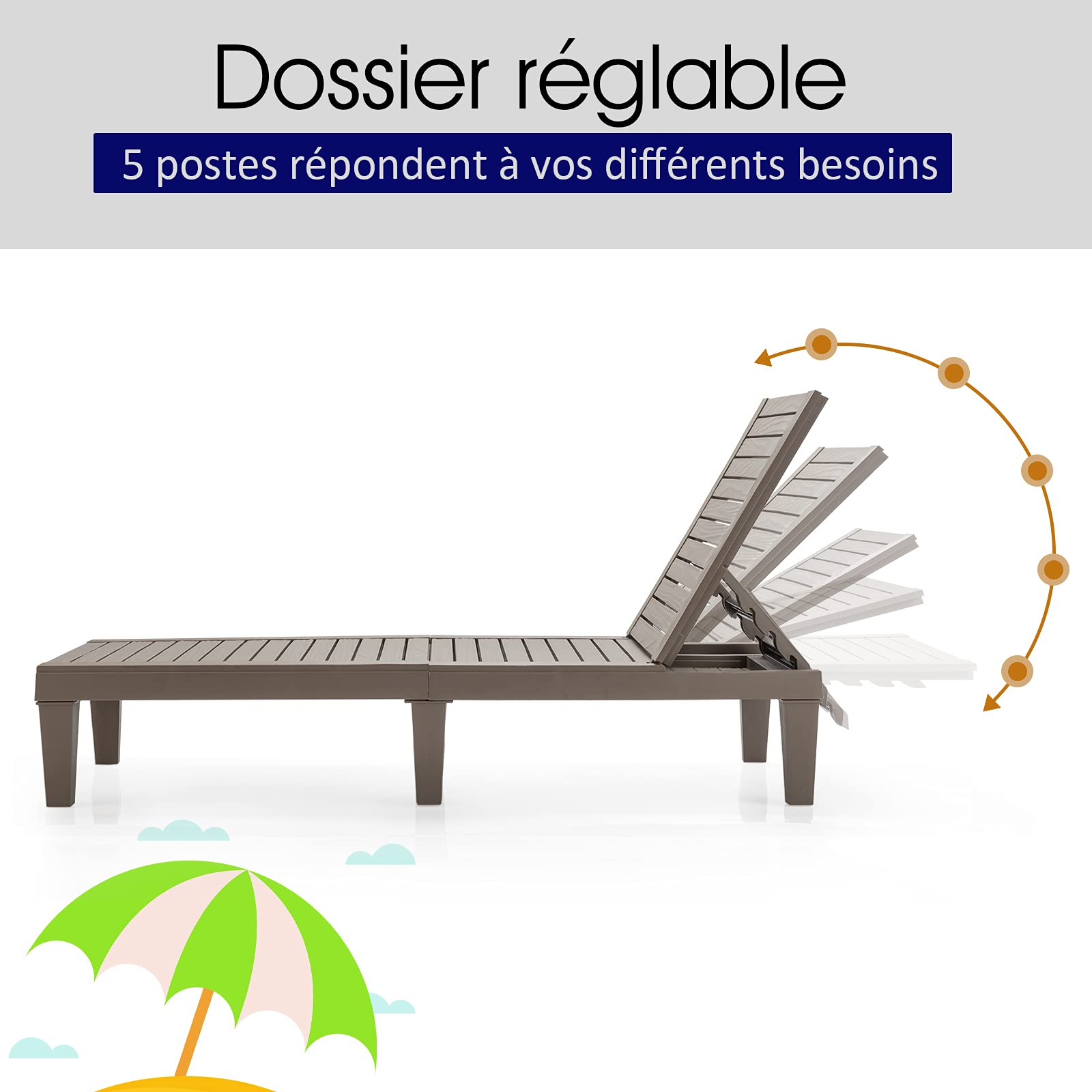 RELAX4LIFE Chaise Longue de Jardin, Bain de Soleil avec Dossier Inclinable sur 5 Positions, Chaise Longue d'extérieur en PP Durable pour Piscine, Terrasse, Plage, 190 x 57,5 x (29-84,5) cm (Café)