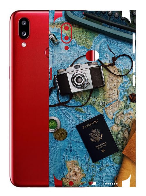 Image of AtOdds - Samsung Galaxy A10s Mobile Back Skin Sticker - Lamination - Rear Screen Guard Protector Film Wrap (Coverage - Back+Camera+Sides) (Design - Travel Map)