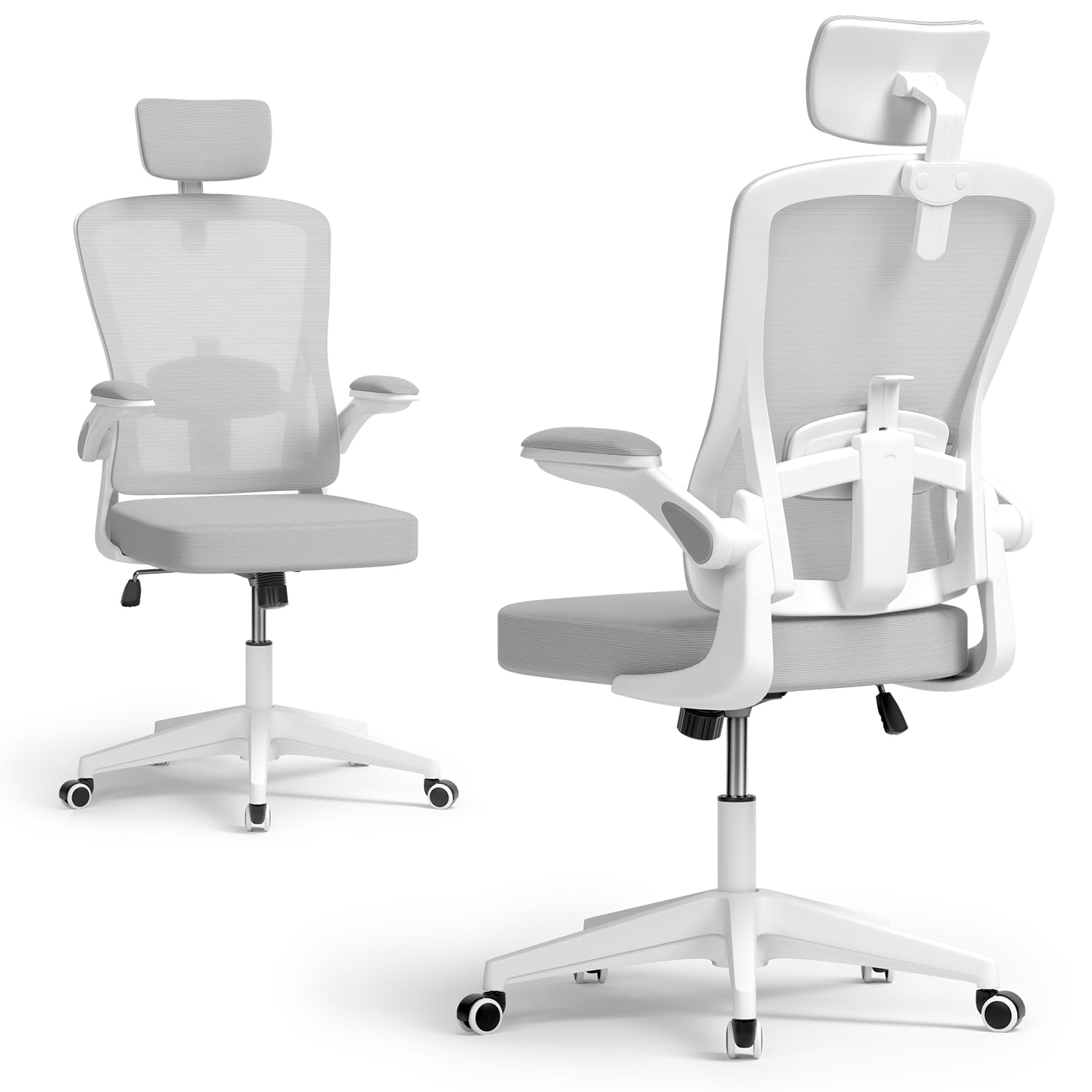 BLINNGO Office Chair, Ergonomic Office Chair with Adjustable Lumbar Support and Headrest, High Back Desk Chair with 360° Rotation and 30° Recline, Breathable Mesh Chair for Work and Study (Grey)