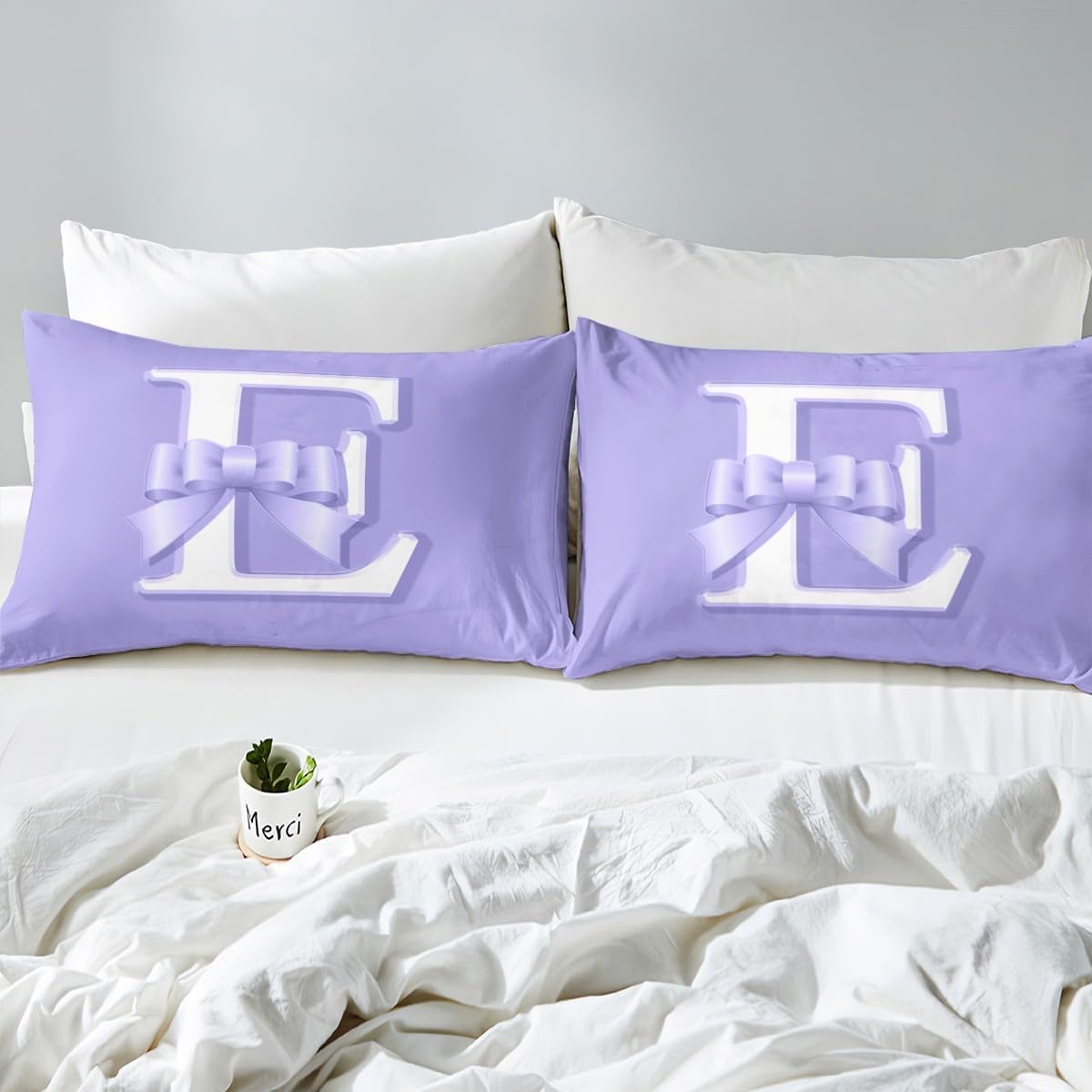 jejeloiu Kids Girls Purple Bow Duvet Cover Toddler Size Monogrammed Bedding Set Ultra Soft Personalized Initial E Comforter Cover Modern Fashion Bedspread Cover Bowknot Bedclothes,No Comforter