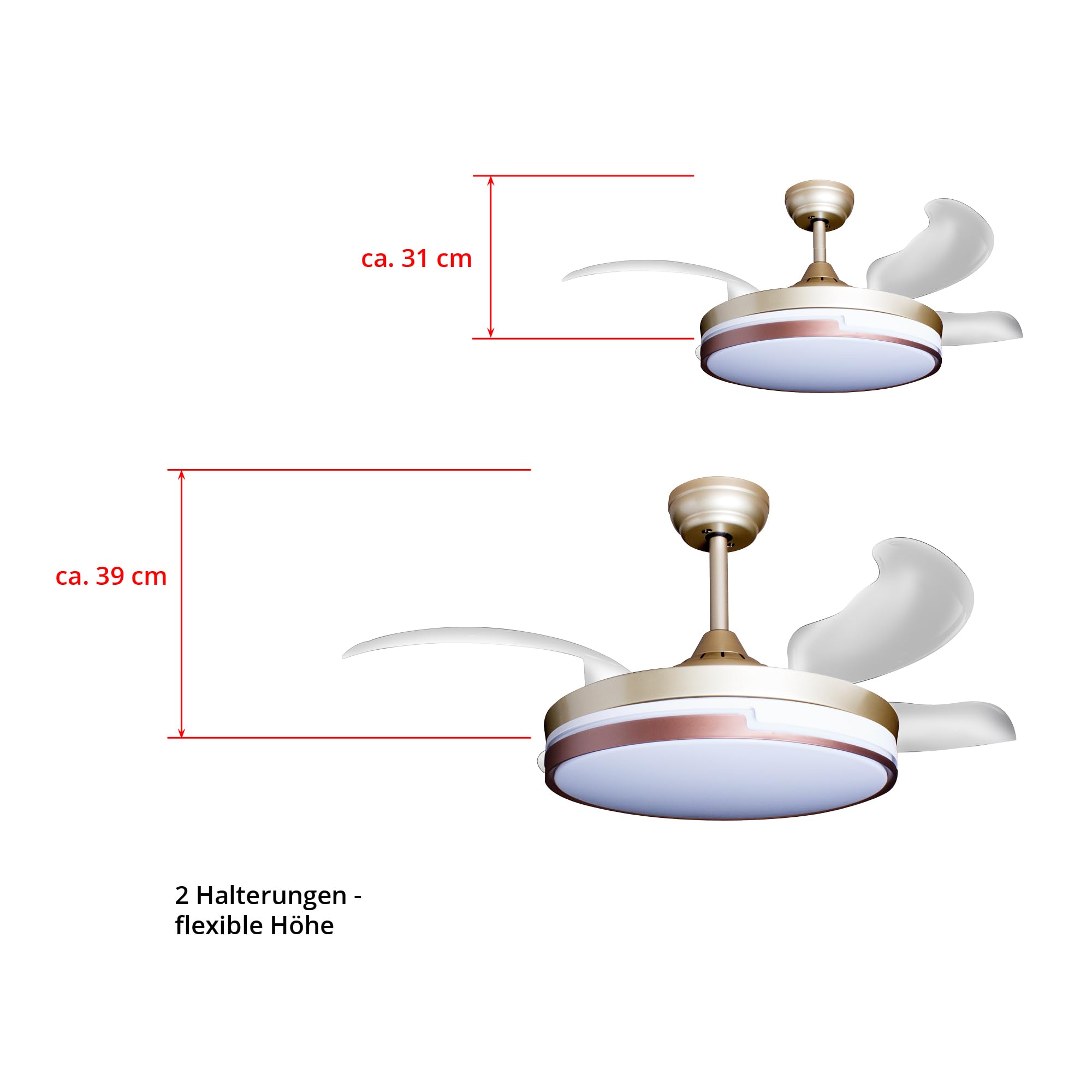 Eclipse Deckenventilator mit Beleuchtung, Leise mit 6 Windstufen, App | Fernbedienung, Sommer und Wintermodus, 4 transparente Rotorblätter, 4500 m³/h, CTT 3000 K-6500 K, Goldfarbene Basis, Kelora