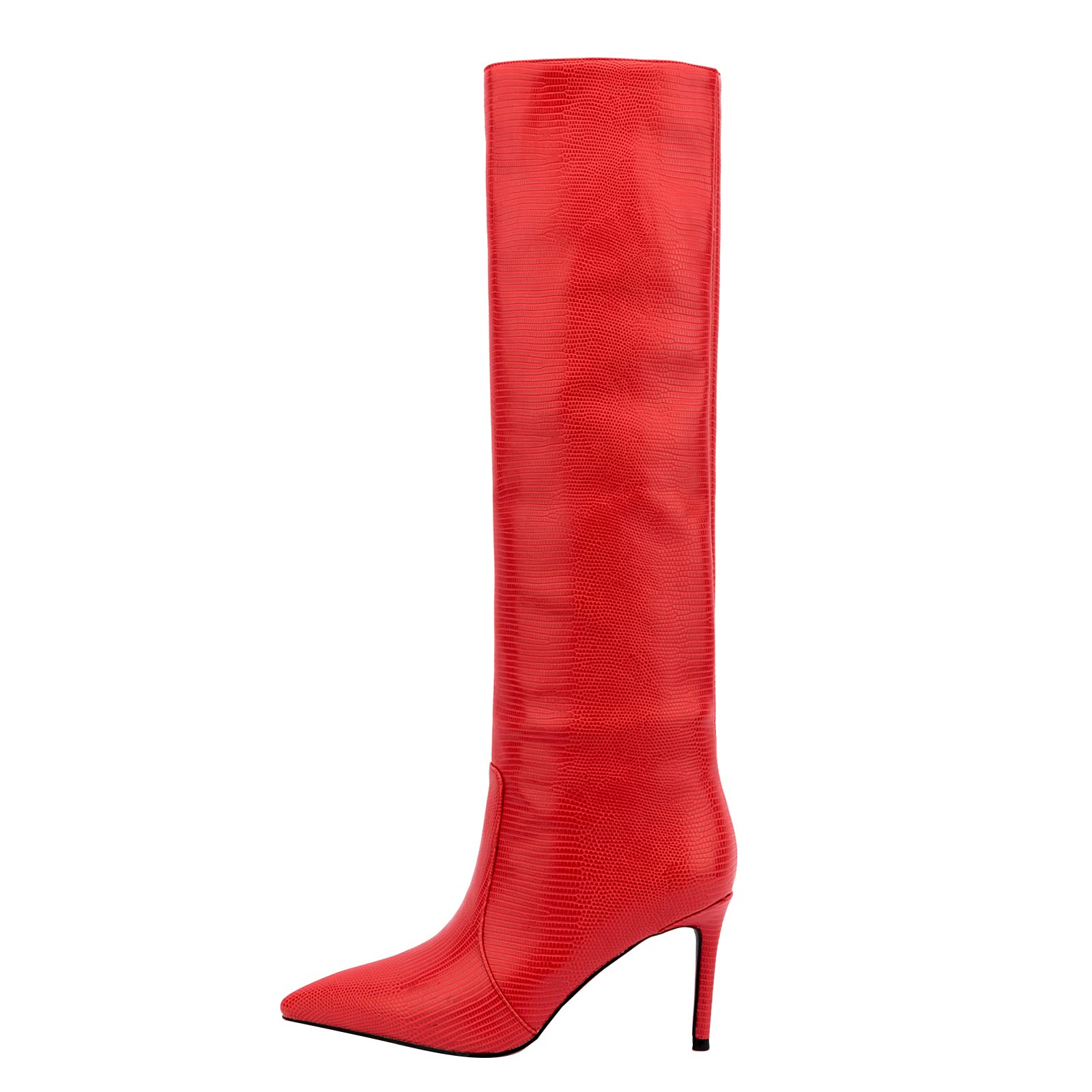 Arqa Knee High Boots Stiletto Heel Pointed Toe Lizard Pattern Long Boot