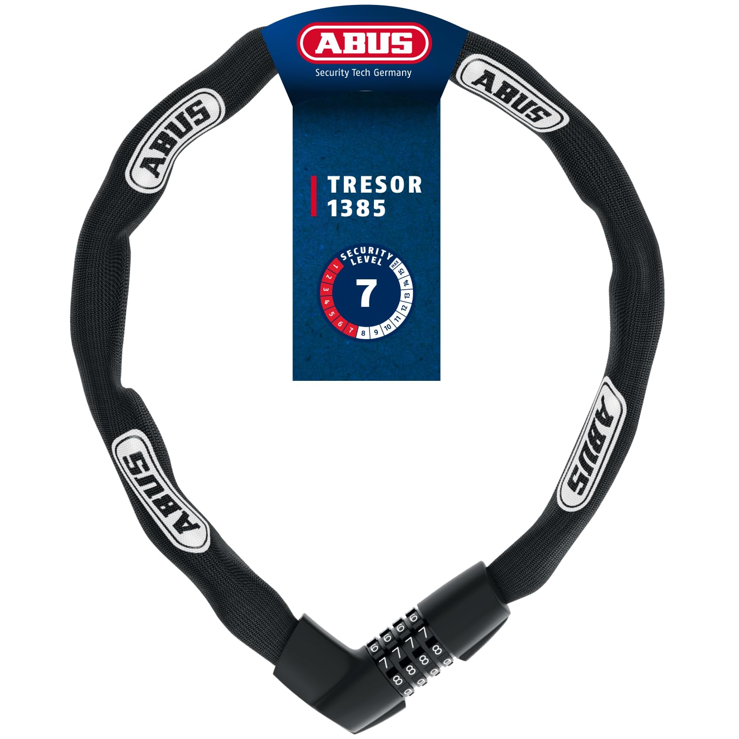 ABUS Kettenschloss Tresor 1385 – Zahlenschloss aus gehärtetem Stahl – 7 mm starke Vierkantkette – ABUS-Sicherheitslevel 7 – 85 cm – Schwarz