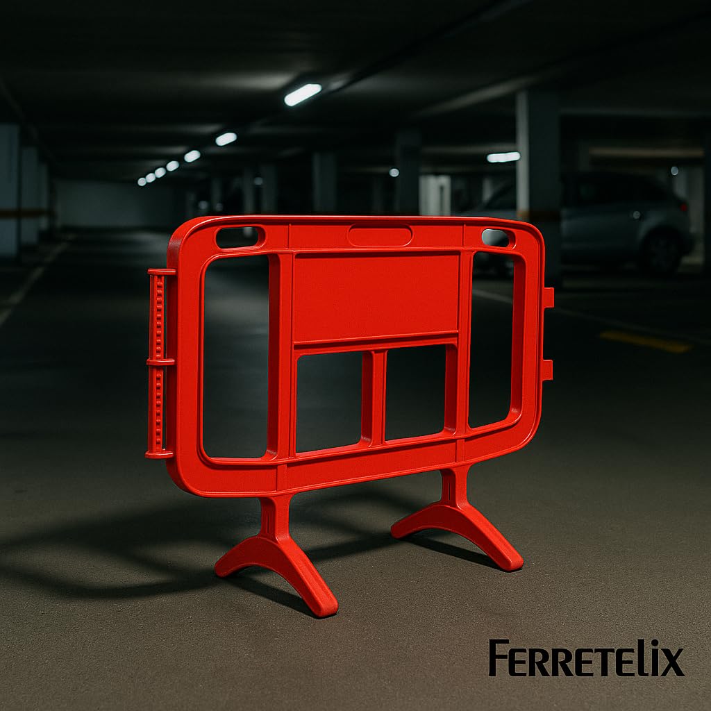 FERRETELIX® Valla plástico PVC roja 1,26 m (Kit de 3 unidades) con patas giratorias – Ligera y resistente para señalización temporal
