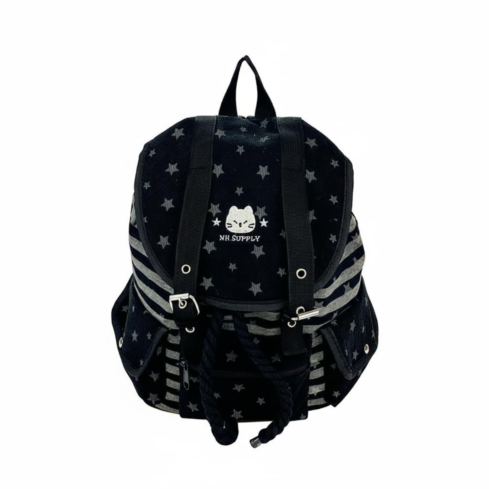 Adjustable Straps Retro Striped Daypack Lightweight Star Print Mini Backpack Multi-Way Carry Canvas Drawstring Backpack for Students, Young Women, Teens, Casual Outings, Travel, Black-image-42