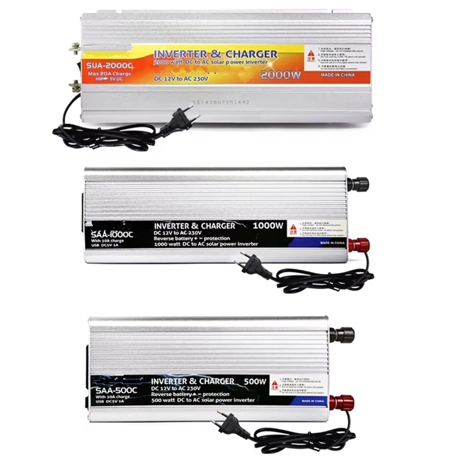 Inversor Inversor De Energía Solar Híbrido De 12 V Y 220 V Cargador Transformador De Voltaje USB 500 W 1000 W 2000 W Adaptador para El Hogar Transformador de Voltaje(12V 2000W)