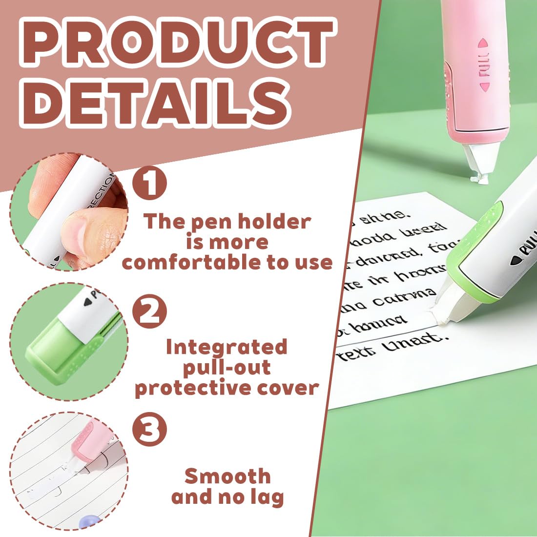 Correttore a Nastro Forma Penna 6M x 5MM Rullo di Correzione Kawaii Gatto per Ufficio