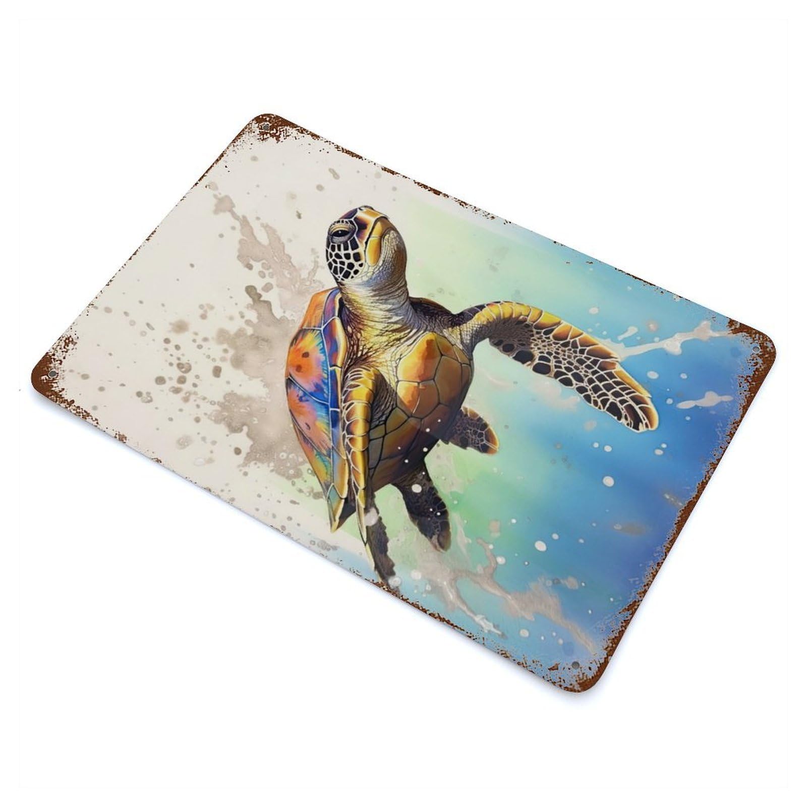 Garage Style Turtle Watercolor Rustic Tin Plaque 11.8"x7.9", Classic Wall Plaque for Bar And Workshop