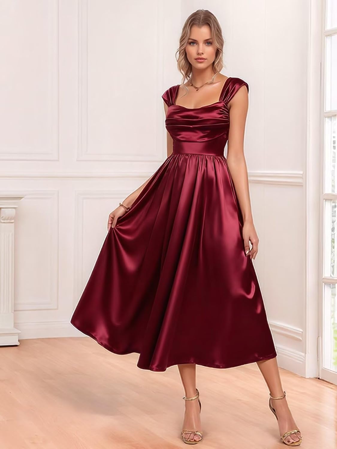 Tea Length Satin Prom Dress for Women Spaghetti Straps A Line Midi Dress Pleated Formal Evening Gown with Pockets - Image 5