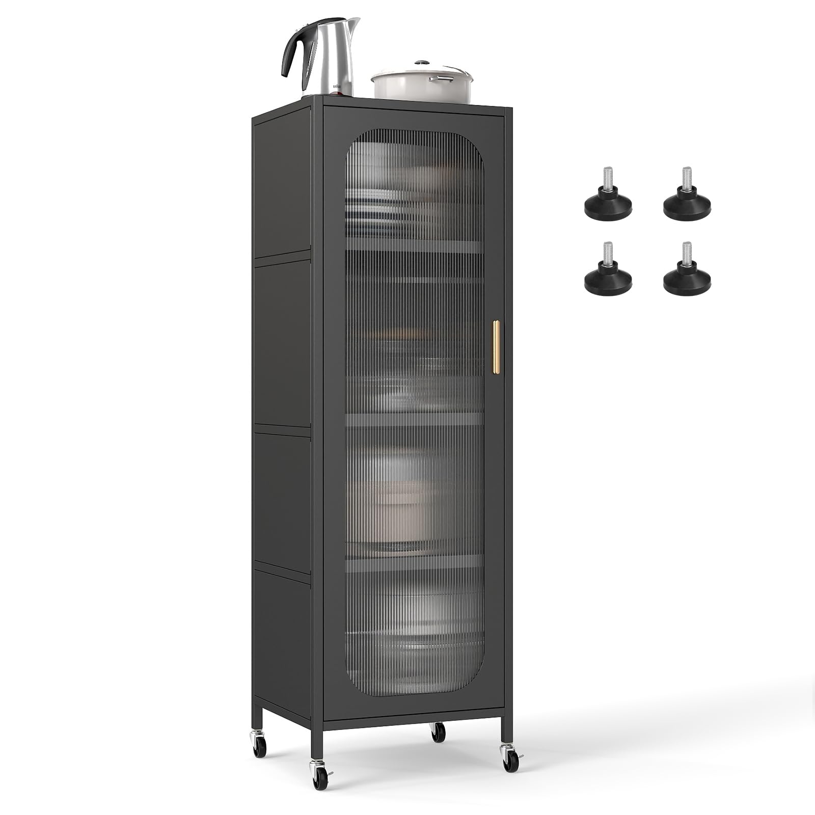 COSTWAY Tall Kitchen Cupboard, 5-tier Buffet Pantry Storage Cabinet with Adjustable Shelves, 2 Base Options, Semi-Transparent Door & Anti-tipping Device, Freestanding Narrow Sideboard Unit (Black)