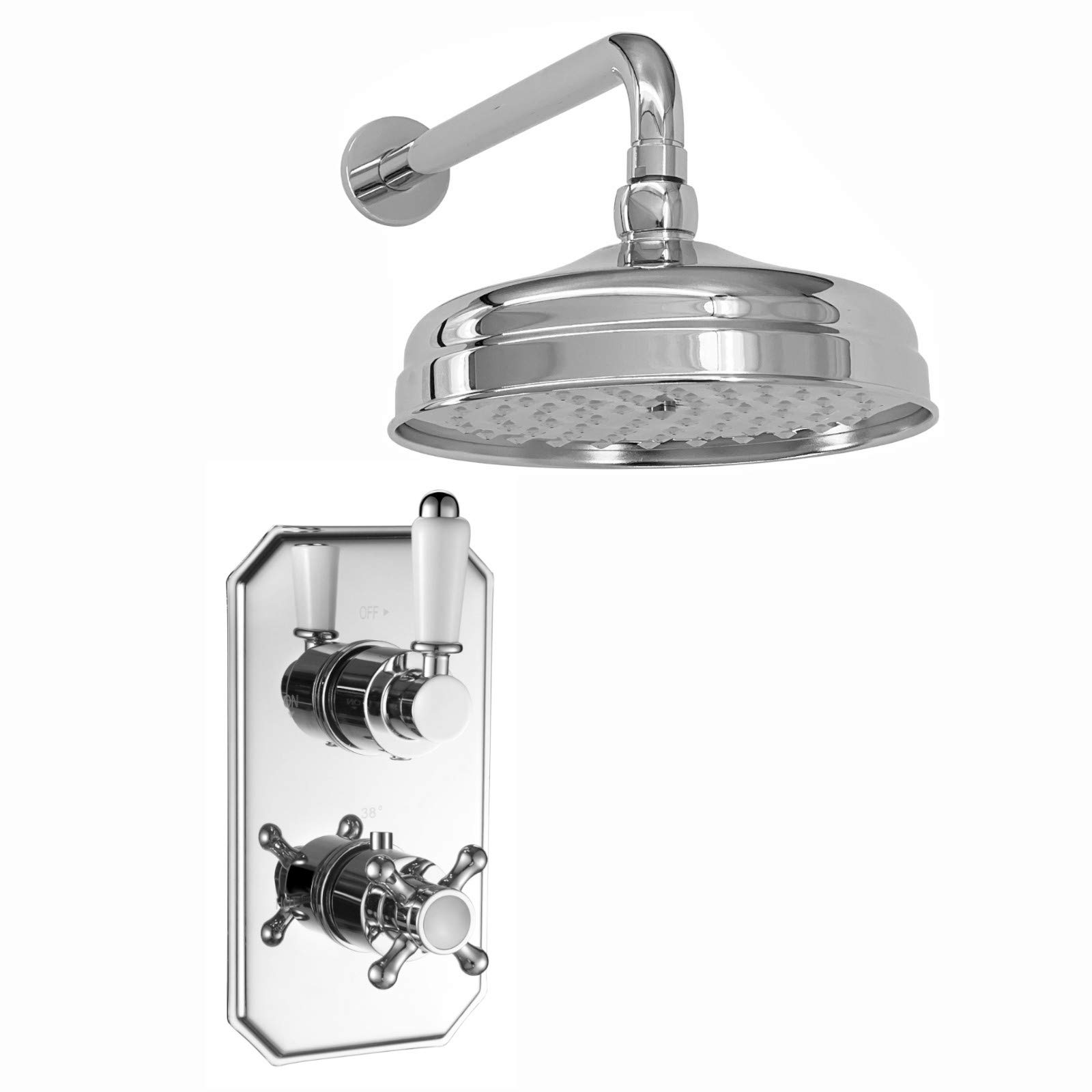 ENKI SH0266 Regent Traditional Crosshead and White Lever Concealed Thermostatic Shower Set Wall Fixed 8" Shower Head - Chrome (1 Outlet)
