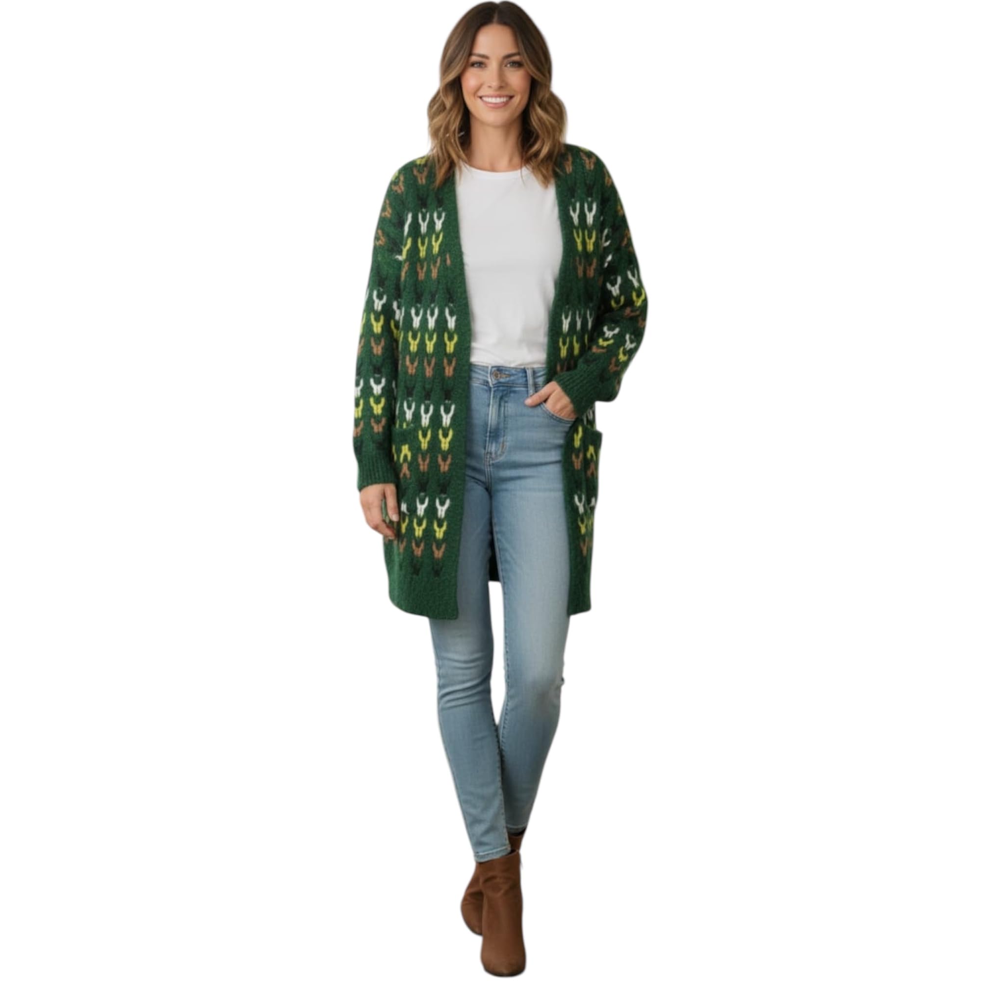 Women's Winter Multi Color Pattern Green Open Cardigan Shoulder 27.5" Bust 43.5" Length 35" XL-picture-16