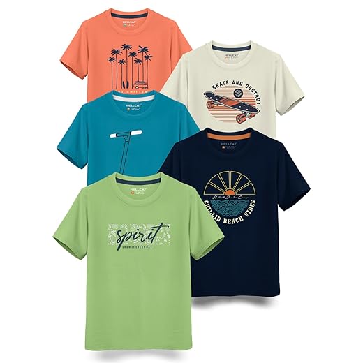 HELLCAT Boys Round Neck Printed Blended Cotton Tshirt -Combo Pack of 2 - Orange/Blue