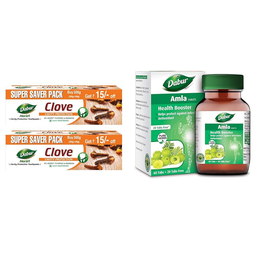 Dabur Herb'l Clove Toothpaste - 600g (Pack of 2, 300gx2) | Cavity Protection Toothpaste | No Added Fluoride, Parabens & Triclosan | Helps Fight Bacteria & Pain|DABUR Amla Tablet - Health Booster |-image-37