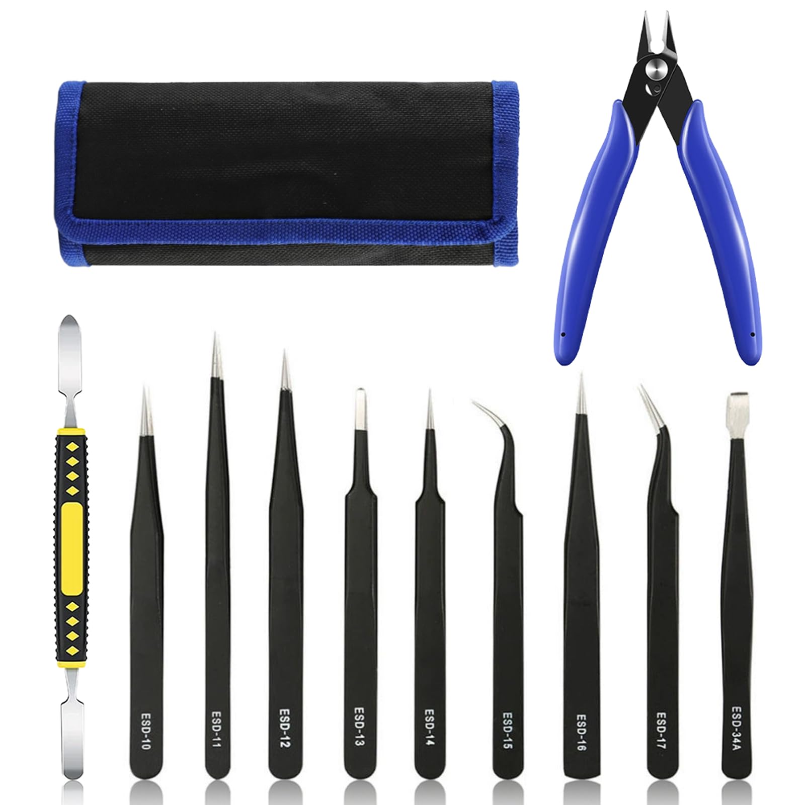 RoxNvm Precision Tweezers Set, 10PCS ESD with Crowbar and 1PCS Wire Cutter, Anti-Static Stainless Steel Craft Tweezers, for Electronics Jewelry Handicraft Laboratory Modelling Sticker