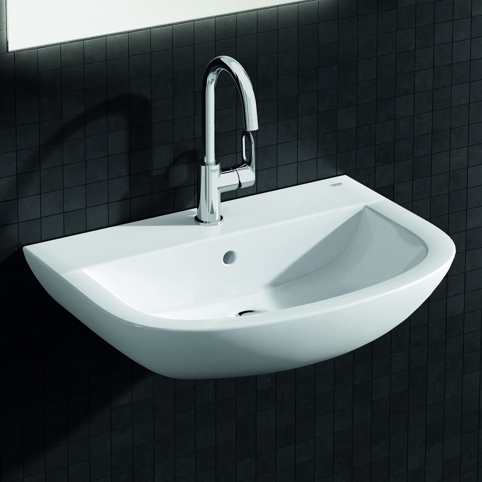 GROHE BauLoop, Waschtischarmatur hoch, wassersparend (Wasserhahn für das Bad, Badarmatur mit Zugstangen-Ablauf, 31cm hoch, einfache Installation am Waschbecken, langlebige Oberfläche), chrom, 23763000