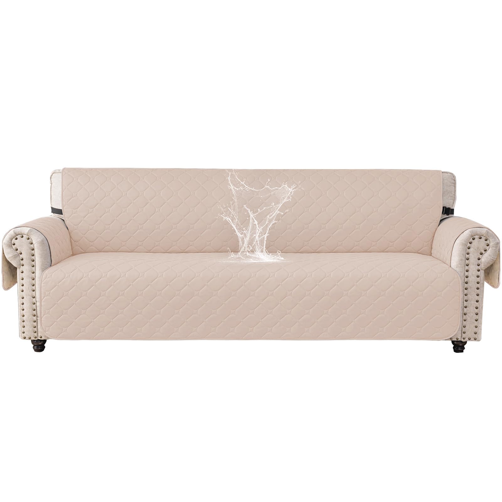 Ystyle 100% Wasserdicht Sofa Überzug 3 Sitzer, Sofabezug rutschfest, Gesteppte Sofaüberzug Mit Seitentaschen, Couchschoner, Couch Überzug Kratzfest Für Haustiere Hunde Katzen, Beige