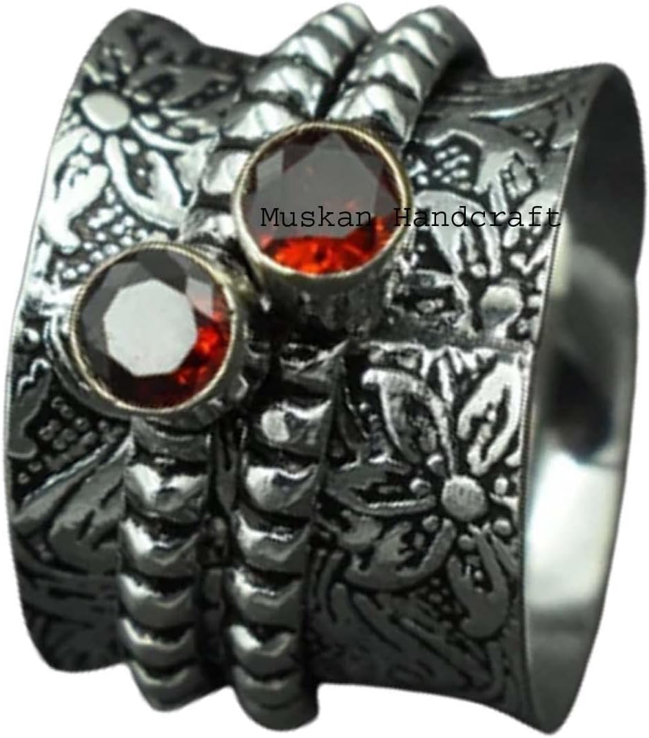 Solid 925 Sterling Silver 2 Gemstone Unique Birthstone Flower Floral Meditation Spinner Ring For Women/Girls