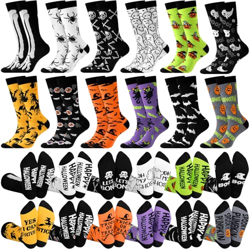 Cozypower 12 Pairs Mens Halloween Socks Bulk Novelty Happy Halloween Dress Socks for Adults Holiday Fun Pattern Mid Calf Costume Party Favors