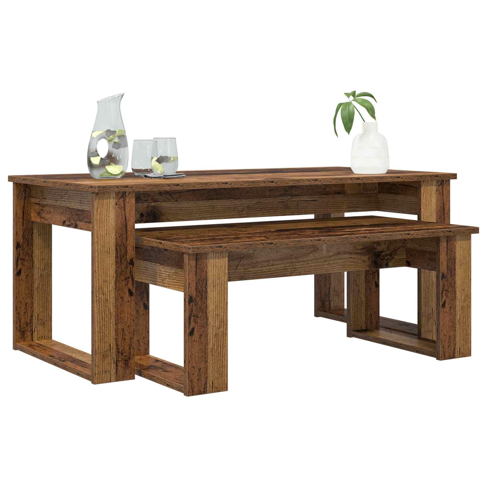 Juego de mesa de café de 2 piezas, madera vieja, 100 x 50 x 42 y 77,5 x 40 x 30,5 cm, diseño moderno, robusto y duradero, para salón, balcón, dormitorio, como mesa auxiliar pequeña