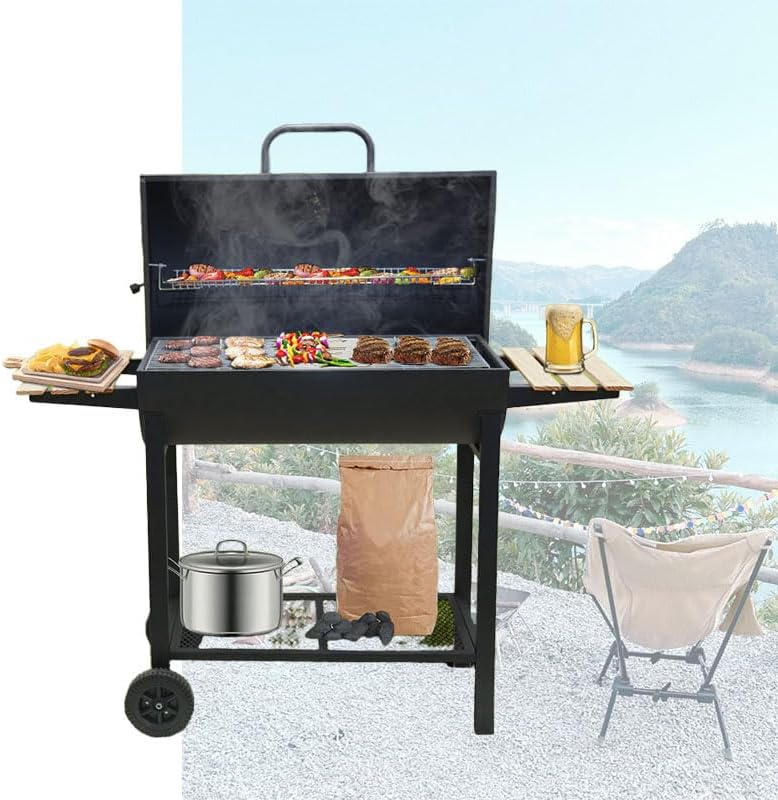 Parrilla de carbón con dos mesas laterales, parrilla de barbacoa de acero resistente para pícnics al aire libre, patios traseros y fiestas