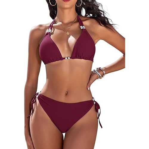 Yusongirl Womens Two Piece Bikini Set Sexy Tie Side Halter Triangle Tops String Bathing Suit Solid Color Bikini Swimsuit