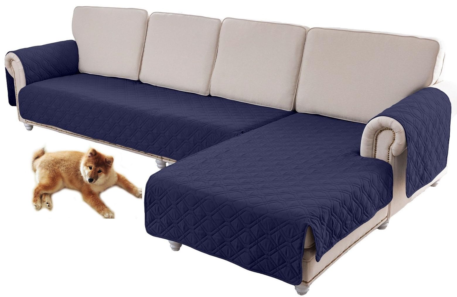 Waterproof Chaise Longue Sofa Cover, Adjustable 2 3 Seater Seat Cushion Covers, Non-Slip Soft Protector for Sofas (Colour: Dark Blue, Size : L Shape 4)