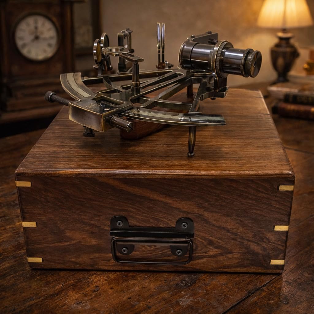 Vintage German Style Brass Sextant with Wooden Box – Nautical Marine Navigation Instrument, Antique Decorative Collectible