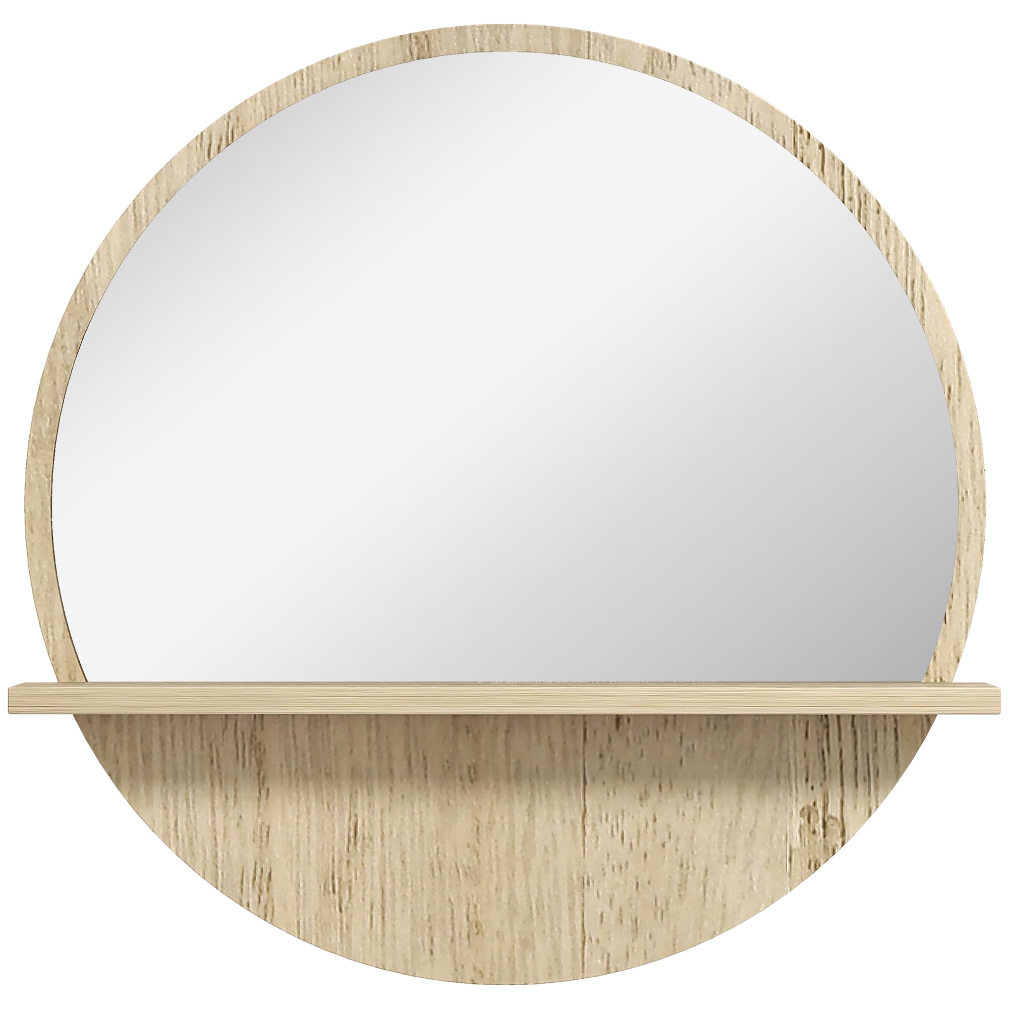 kleankin 45cm Wall Mounted Bathroom Mirror, Round Mirror with Shelf, Framed Makeup Mirror for Home Decoration, Natural Wood Effect