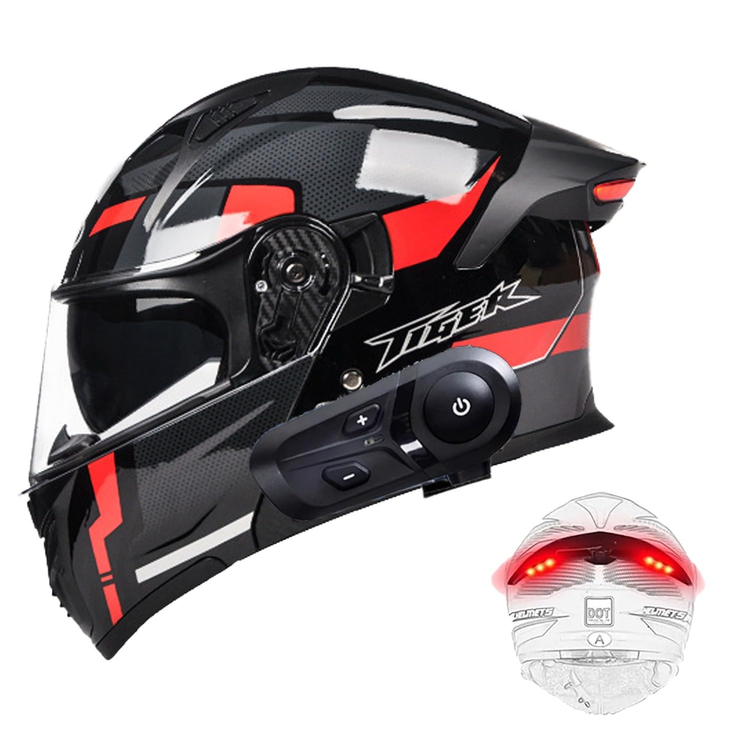 Casque Modulable Moto Bluetooth, avec Feu Arrière LED, Casque À Rabat pour Adultes avec Double Visière, Casque Homologué ECE, Adultes Hommes Femmes Cyclomoteur Anti-Collision