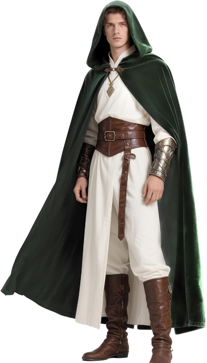 AQEWK Medieval Cloak with Hood Men Renaissance Costume Accessories Halloween Cosplay Velvet Cloak Hood