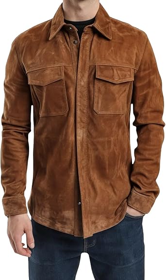 IZAC & DAUD Mens Trucker Long Sleeve Suede Shirts Button Down Suede Trucker Jacket Real Suede Leather Shirt For Men