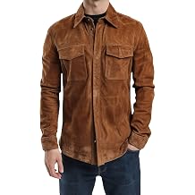 IZAC & DAUD Mens Trucker Long Sleeve Suede Shirts Button Down Suede Trucker Jacket Real Suede Leather Shirt For Men