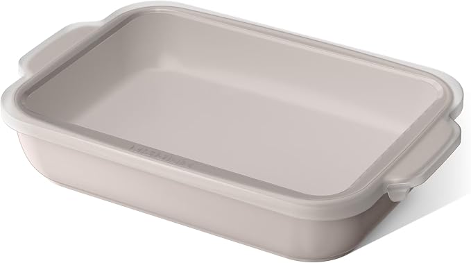 9”x 13” Stoneware Baker with Plastic Lid, Porcini Taupe by Drew Barrymore