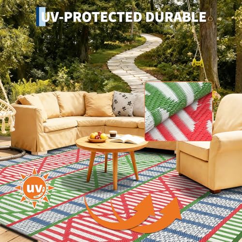 GarveeHome Boho Lines 8x10 Colorful Camping Outdoor Rug Waterproof Geometric Reversible Plastic Straw Rugs for Patio RV Stain Wear Resistant Outside Carpet for Deck Picnic Beach Red Blue Green by GarveeHome - Image 5