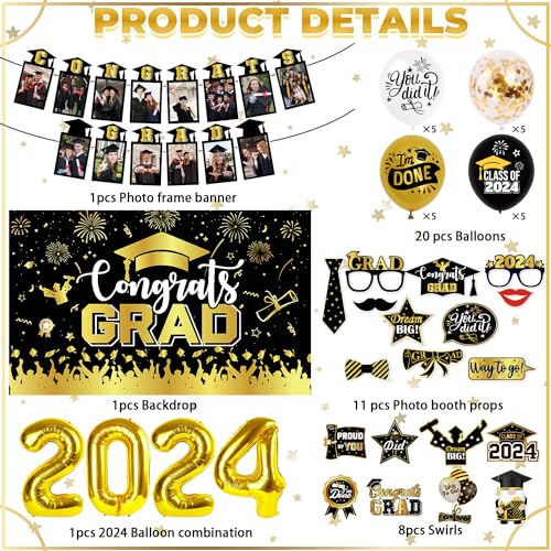 2024 Graduation Party Decorations Black and Gold, Graduation Decorations Class of 2024 Banner Balloons Graduation Photo Props Graduation 2024 Graduation Party Decorations Props Congrats Grad 2024 - Thumbnail 2