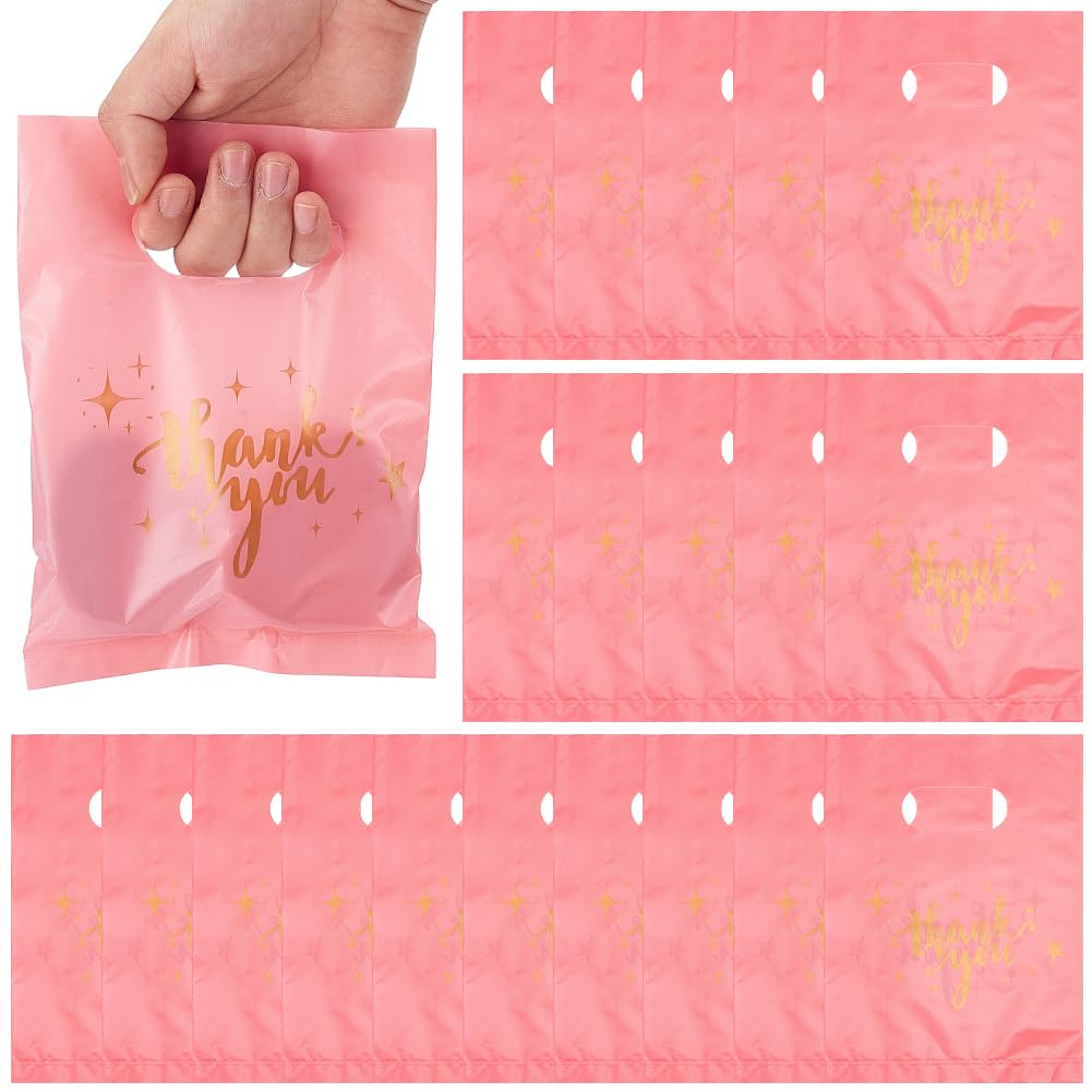 SOFPLATE 100Pcs Pink Thank You Bags Merchandise Shopping Bag 8" x 6" Plastic Reusable Retail Goodie Gifts Small Business Pouches with Handles for Stores Wedding Birthday Party Favors Clothes Boutiques