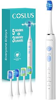 COSLUS Sonic Electric Toothbrush for Adults & Kids: 3 Intensities & 5 Modes Gum-Friendly for Deep Cleaning & Whitening - 2 Types of Heads for Family, Sensitive Teeth, Braces, Travel Home, White, 1PC