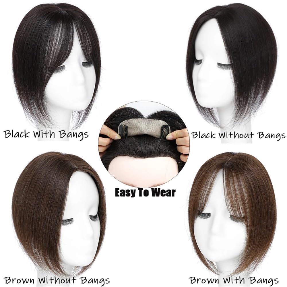 Topper for Frauen, Echthaar, 10 x 12 cm, Seidenbasis, 150 Dichte, Clip-In-Topper-Haarteile, Wiglet-Top-Stücke for mehr Volumen Haar Extensions(Black No Bangs,10inch)