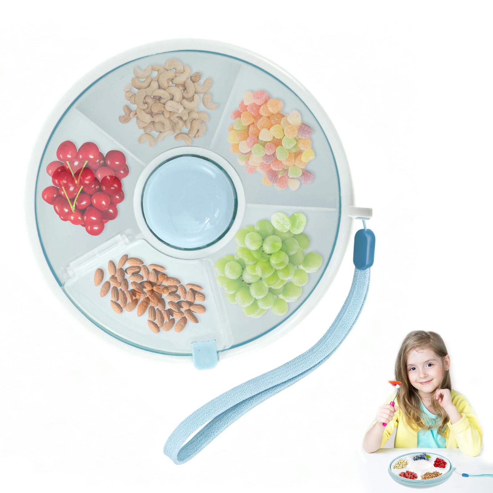 Kids Snack Spinner with 5 Compartment Dispenser, Snack Container with Lid, Portable Snack Serving Tray Divided Kids Snack Box Reusable Food Box for Fruit, Candy, Nuts, Desserts (Blue)