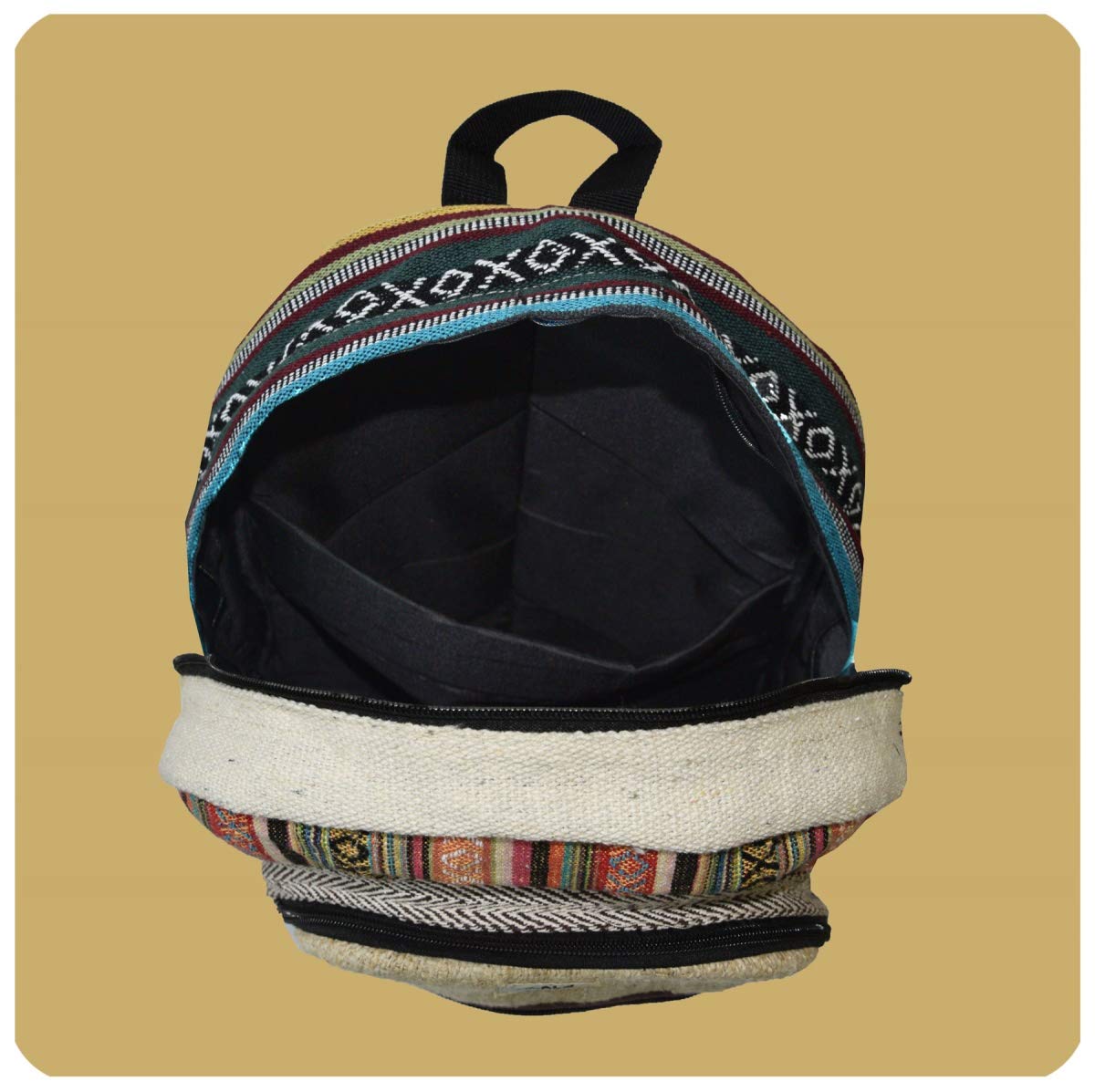 Simandra Ethno Hanf Zaino realizzato a mano in Nepal con molti scomparti, multicolore, 45 x 30 x 10cm