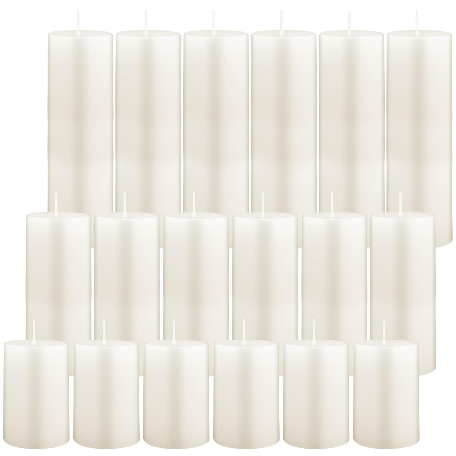 Lot de 18 Bougies Piliers Ivoire en 3 Tailles, Bougie Pilier Blanche Non Parfumée pour Mariage, Église et Décoration de Table, Bougies Cylindriques Anti-Goutte Longue Durée