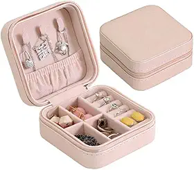 Porta Joias Pequeno Couro Portátil Mini Estojo Organizador de Joias Bijuterias Colar Pulseira Relógio Ideal para Viagens e Organização de Armário (Rosa)