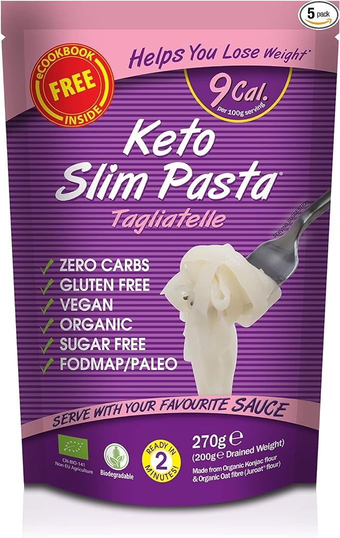 Keto Slim Tagliatelle Pasta (Pack of 5 x 270g) Organic Konjac Flour & Oats Shirataki Pasta, Zero Carb, Low Calorie, Gluten, Fat & Sugar Free, Vegan High Fibre Ready to Eat, Paleo Diet Friendly
