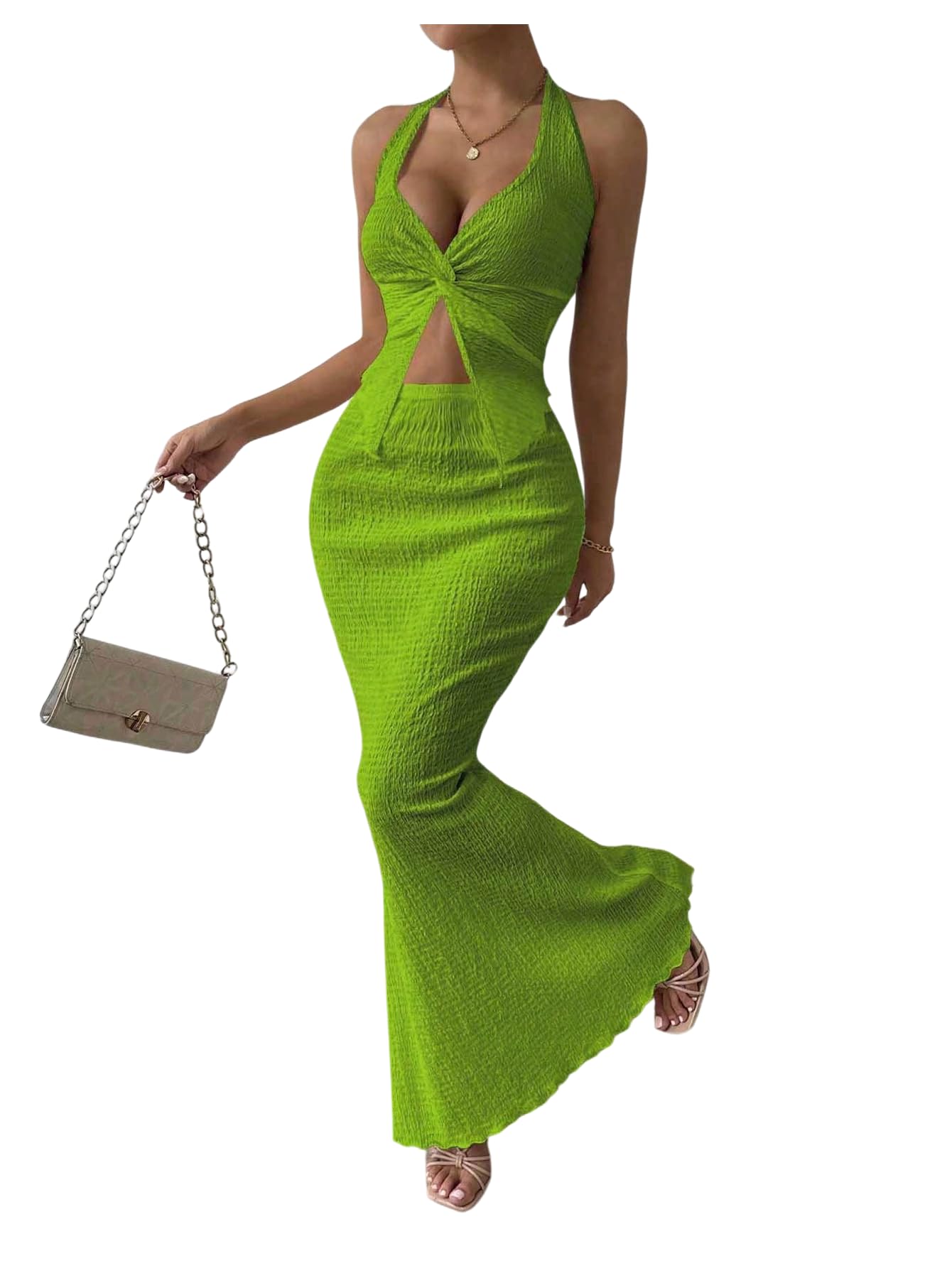 SOLY HUX Women's Two Piece Outfits Twist Front Halter Cami Tops and Skirt Summer Set