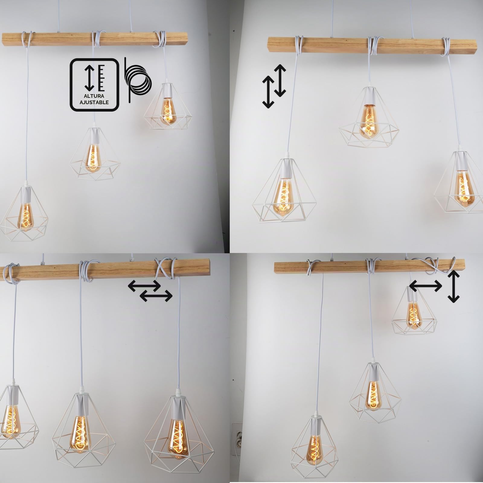 Alpinaluz Lámpara Colgante Lineal 3 Luces 75 cm de Madera Natural con 3 Pantallas de Jaula Metálica Blanca, 3x E27 y Altura Ajustable, Estilo Nórdico para Isla de Cocina, Comedor o Salón