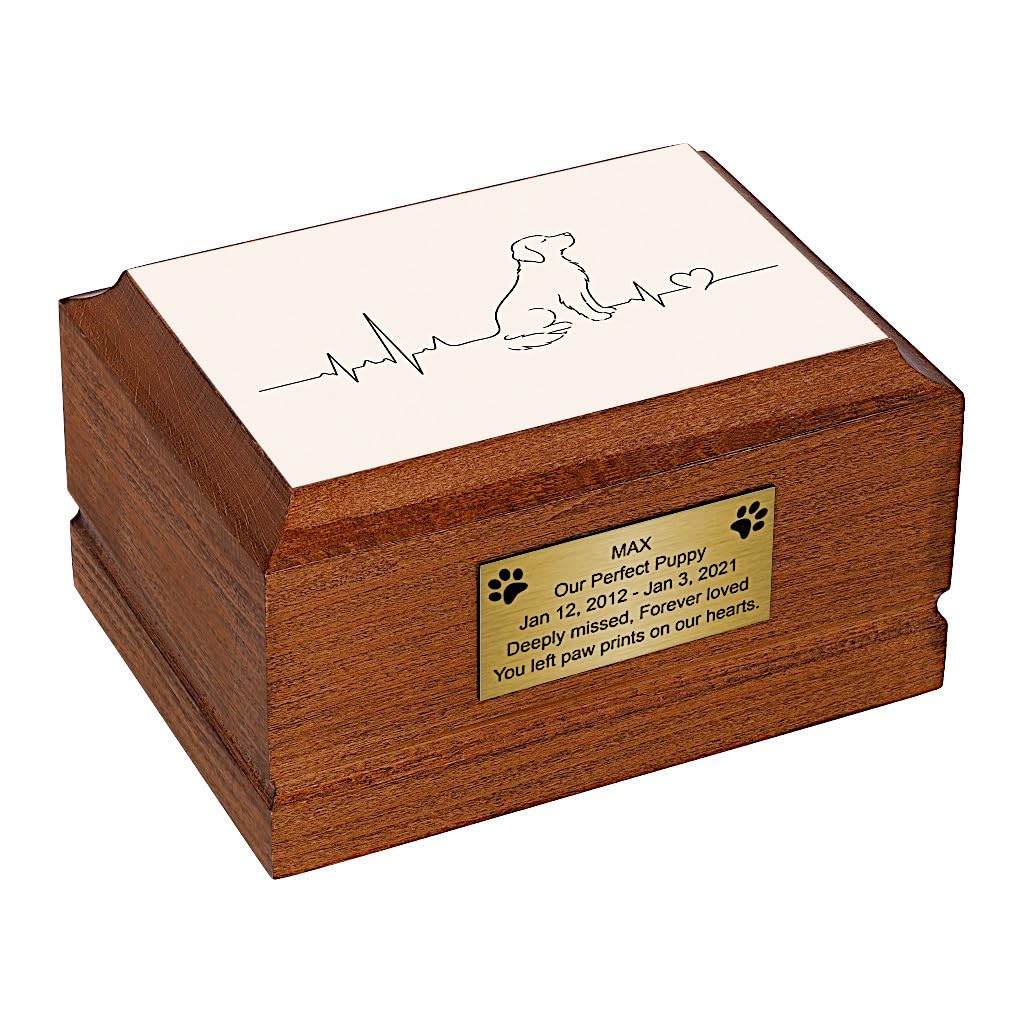 Dog Cremation Urn for Pet Ashes, Wooden Memorial with Heartbeat and Dog Design for Loving Remembrance