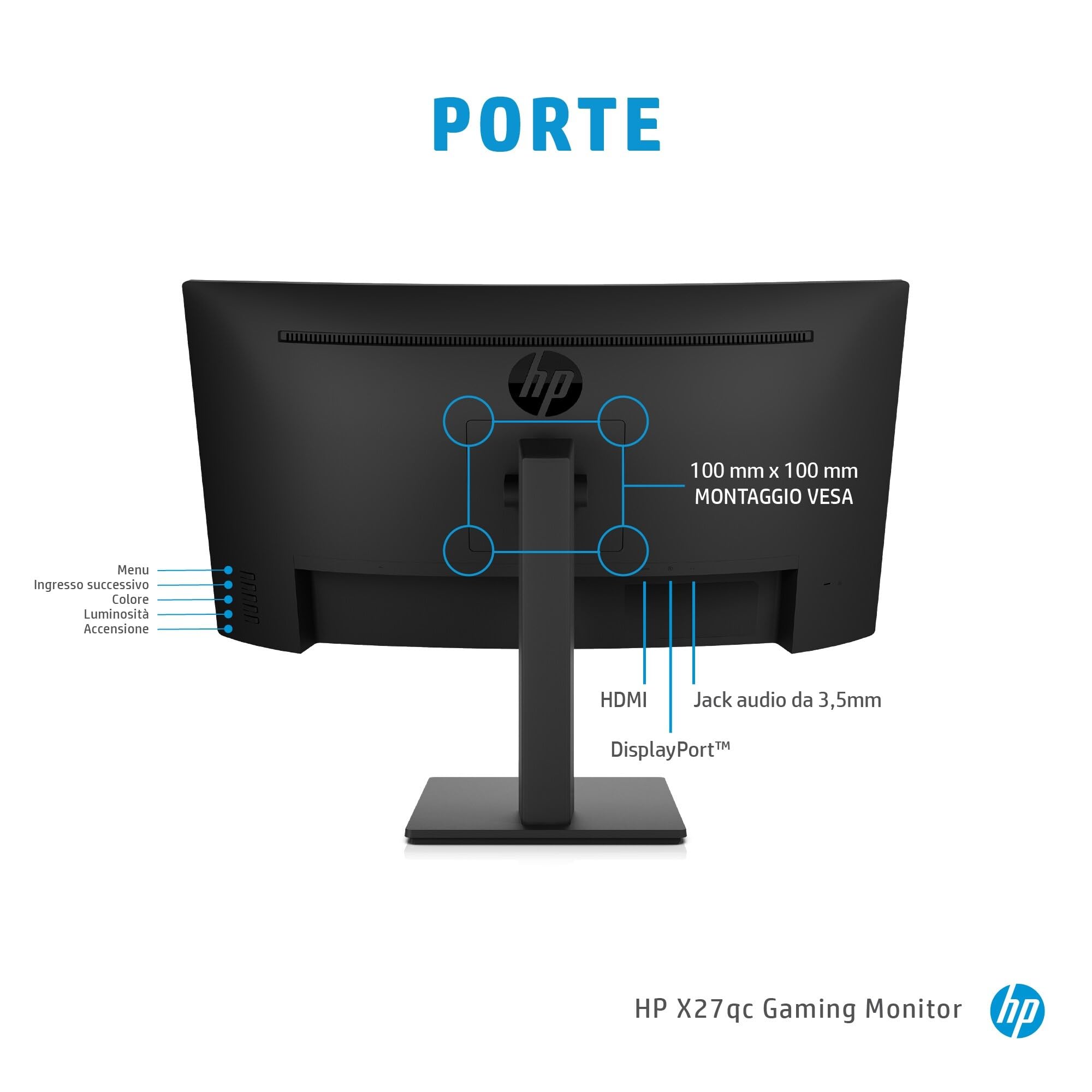 HP X27qc Gaming Monitor Curvo da 27 pollici, Pannello VA 16:9 QHD 165Hz, 1 ms, Antiriflesso, 350 nits, 3000:1, AMD FreeSync Premium, Low Blue Light, VESA 10x10 cm, HDMI 2.0, Displayport 1.4, Nero