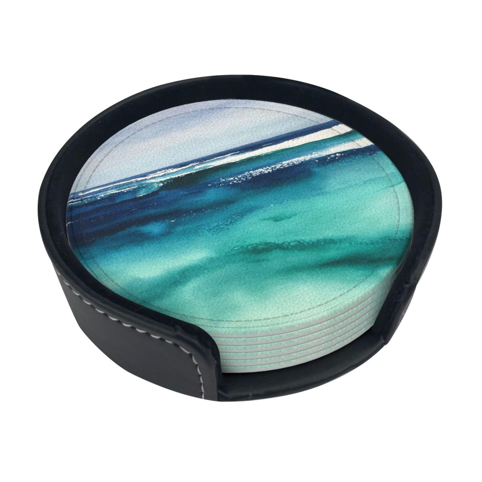 Blue Green Wash Leather Coasters-Set of 6 with Storage Holder