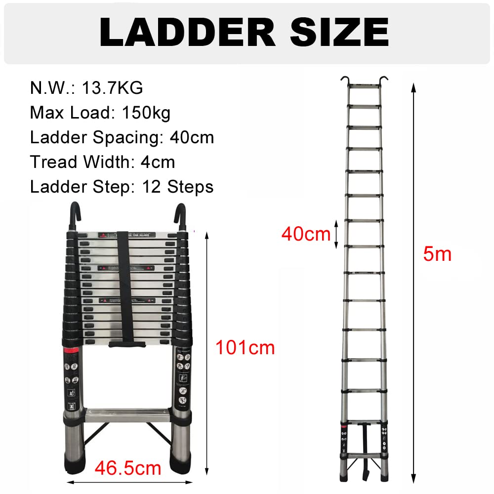 Scala Telescopica in Acciaio inossidabile da 5 m, antiscivolo, Scala Allungabile con 2 Ganci, 13 pioli, Scala multifunzione, facile da trasportare, portata 150 kg, EN131